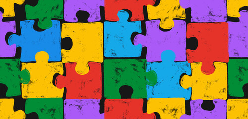 Plakat Seamless pattern colorful jigsaw puzzle piece. Fun children education game background concept. Autism awareness print, school learning wallpaper texture. Medical flat illustration. Vector health care.