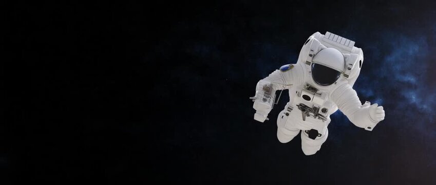 Astronaut floating in open space against dark cosmos, spacewalk, outer space, cosmonaut, zero gravity, universe, exploration, science, orbit, galaxy, futuristic, isolated, black background