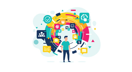 A man stands inside a colorful, circular digital interface surrounded by floating application icons for communication and productivity on a white background.