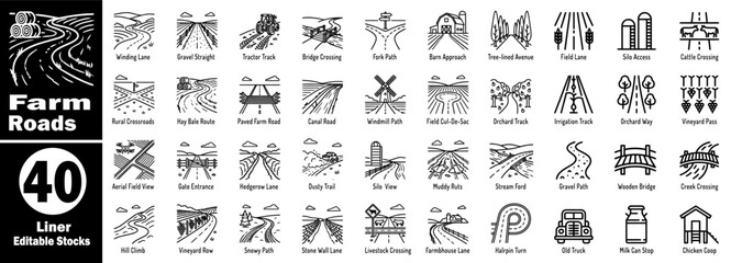 Rural road and farm path icons set.  Various countryside tracks vector illustrator. © Hafiz