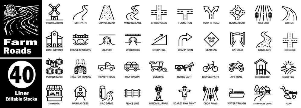 Farm road icons set. Signs and agricultural landscape icons for mapping design vector illustrator.