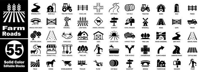 Farm roads icons set. Solid color editable stock vector for agricultural applications elements.  © Hafiz