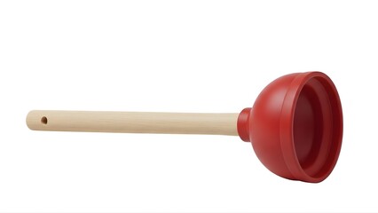 A red rubber plunger with a wooden handle on transparent background