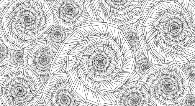 Intricate Black and White Abstract Spiral Geometric Pattern Background.