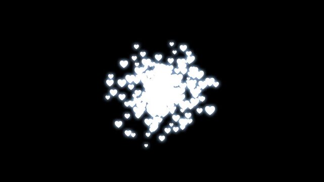 Romantic white heart particles explosion on black screen, Valentines day hearts icon falling animation, shiny glowing heart romantic valentine love overlay social media motion design element. 4k