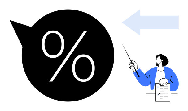 Large percentage sign within a speech bubble and a person holding a pointer, pointing at an arrow. Ideal for finance, business, education, statistics, analysis, presentations strategy. Simple flat