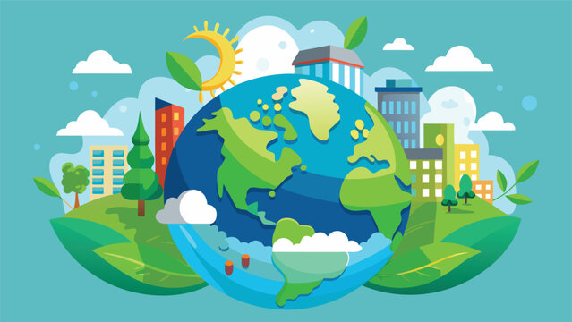A vibrant illustration of a globe with people planting trees and holding hands around it Vector
