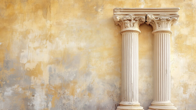 Two antique columns and an empty space on the wall - concept background. Antique Ancient Roman wallpaper with Corinthian order. Old plaster concept background.
