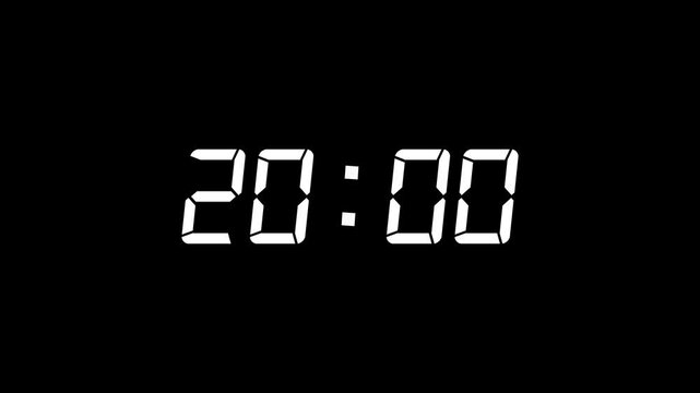 White color digital timer number icon animation . Digital clock with time 20 hours on black background.