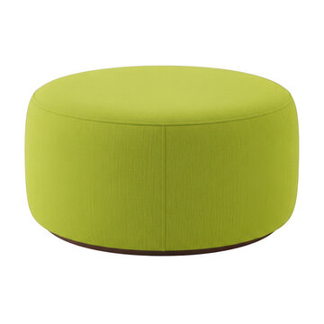 A modern round ottoman in bright lime green upholstery for contemporary living spaces.