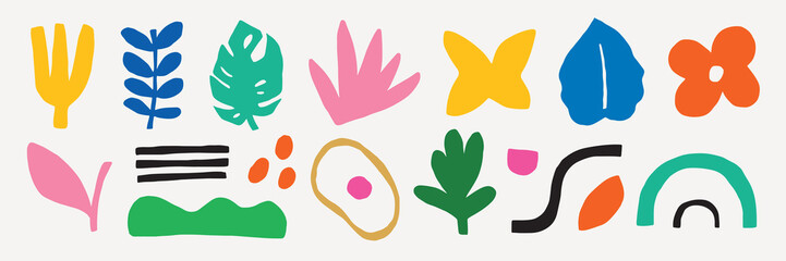 Naklejka premium Colorful abstract shapes, vibrant leaves, and playful forms. Abstract shapes in bold colors. Leaves and forms create a playful, vibrant design. Cute and colorful illustration vector set.