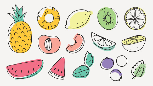 Colorful fruit illustrations including pineapple, lemon, kiwi, and watermelon. Fresh fruit slices and whole fruit, vibrant and playful design. Summer illustrations, isolated element vector set.