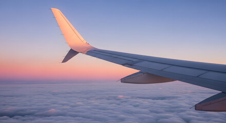 Obraz premium Airplane wing above clouds at sunset