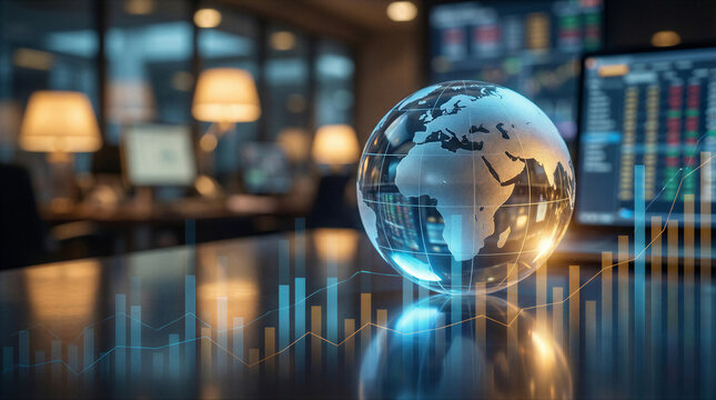 A luminous glass globe displaying Europe and Africa rests on a table with digital financial charts in a modern office setting.