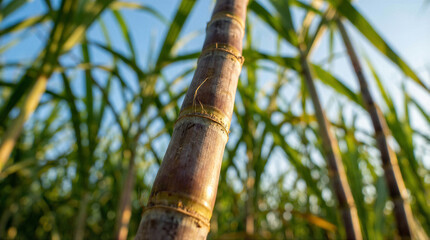 Fototapeta premium Close-up view of a robust sugarcane stalk standing tall amidst green leaves under a clear blue sky.