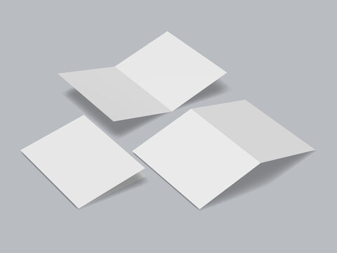 Blank bifold brochure mockup. Invitation, flyer, booklet, postcard template. A4, A5 sheet folded in half. Greeting card. 
