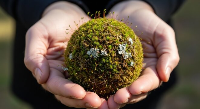 A person holds a ball of moss and lichen in their cupped hands.
