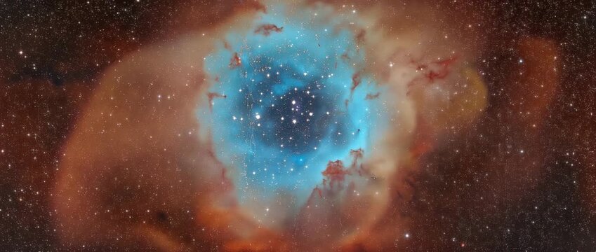 Wide Field Rosette Nebula with Dense Stars in Deep Space astronomical widefield scene of the Rosette-like emission nebula, centered, bright cyan-blue inner region, red 4K&nbsp;