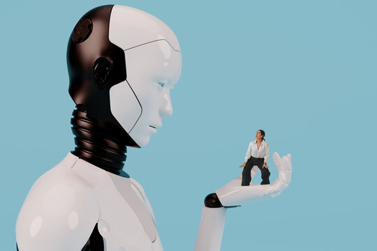 Latin woman standing on robot hand looking at giant humanoid 3D android in artificial intelligence concept