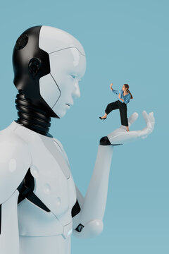 Woman standing on giant robot hand facing humanoid 3D android in conceptual AI interaction scene
