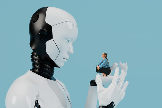 Woman crouching on robot hand facing giant humanoid 3D android in artificial intelligence concept