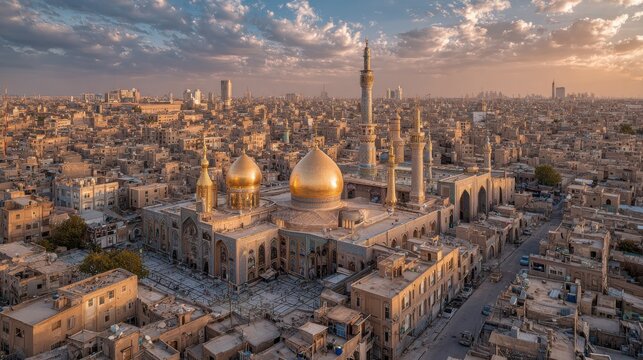 Ultra realistic drone photograph of the historic city of Qom, Iran, aerial perspective, golden domes of the Fatima Masumeh shrine dominating the skyline, dense Middle Eastern urban fabric