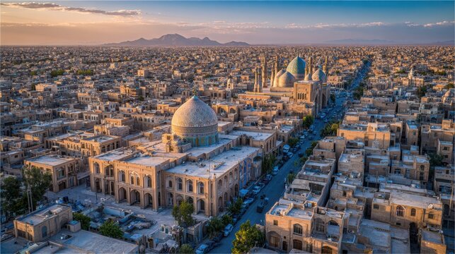 Ultra realistic drone photograph of the historic city of Qom, Iran, aerial perspective, golden domes of the Fatima Masumeh shrine dominating the skyline, dense Middle Eastern urban fabric