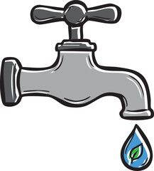 Unique Eco Friendly Water Conservation Illustration Featuring a Chrome Faucet with a Blue Water Drop and Green Leaf Symbol, Hand Drawn Sketchy Style Vector for Environmental Sustainability