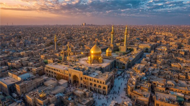 Ultra realistic drone photograph of the historic city of Qom, Iran, aerial perspective, golden domes of the Fatima Masumeh shrine dominating the skyline, dense Middle Eastern urban fabric