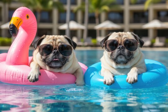 Two adorable pugs wearing sunglasses are relaxing on inflatable floats in a sunny swimming pool, enjoying a cool dip.