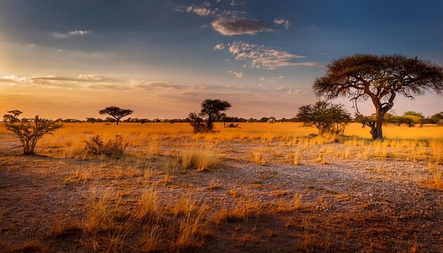 A Dry Savanna With Some Trees During A Hot Evening In Moremi Game Reserve Botswana