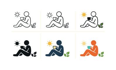 Calm leisure activity symbol illustrating a seated figure enjoying quiet time with a cup and relaxed posture, surrounded by