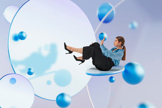 Woman balancing on floating 3D platform interacting with blue spheres in abstract digital space