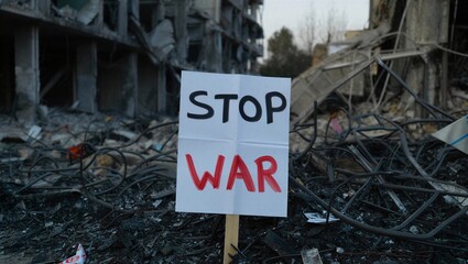Protest sign reading stop war placed in rubble of destroyed buildings, anti-war message