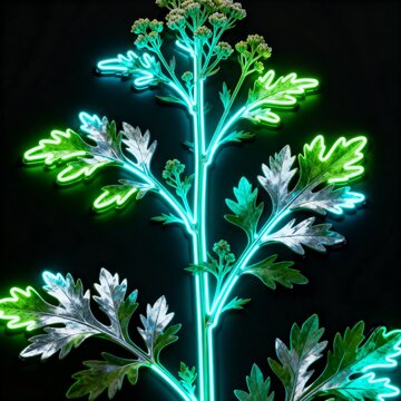 Glowing Neon Mugwort Herb Sign &ndash; Mystical Aromatic Dreamwork Plant with Feathery Lobed Leaves in Electric Cyan and Green Neon Light Vector Illustration on Black Background