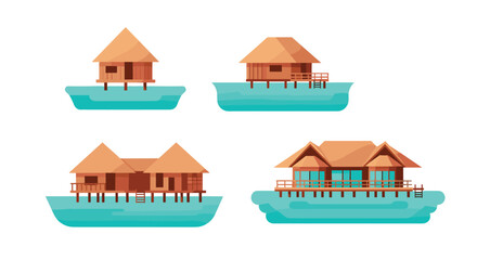 Obraz premium Collection of overwater bungalows and huts on turquoise water, flat design style