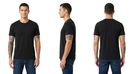 Obraz premium A man showcasing a black t-shirt from multiple angles on transparent background