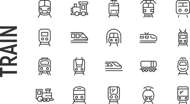 Various types of train icons in linear style representing different locomotives and carriages