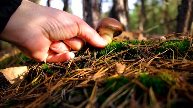 Mushroom picking in the forest. Selective focus.