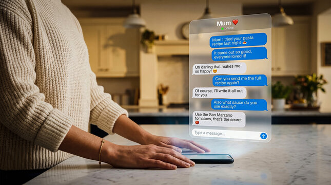 Woman Texting Family Message Chat on Phone in Kitchen