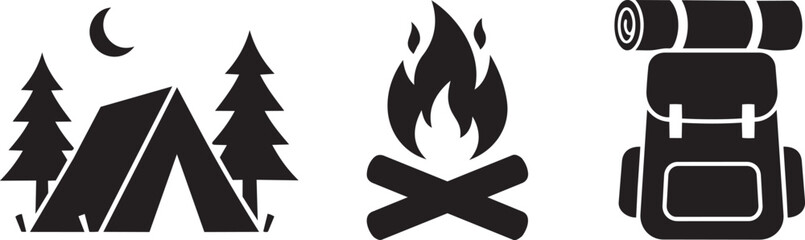 Outdoor camping and adventure vector icons set. Tent, campfire, and backpack symbols. © Nur
