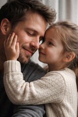 Obraz premium Father and daughter embrace in a tender moment, the little girl gently touching his smiling face as they share warmth, affection and a joyful family bond