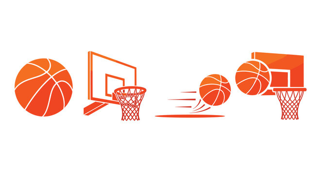 Collection of basketball icons showing a ball, hoop, and a ball in motion towards the net