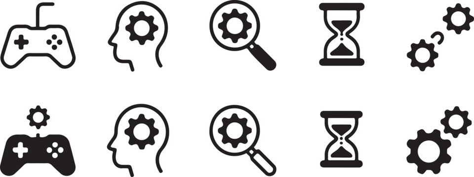 controller icon set game development head magnifier hourglass gears
