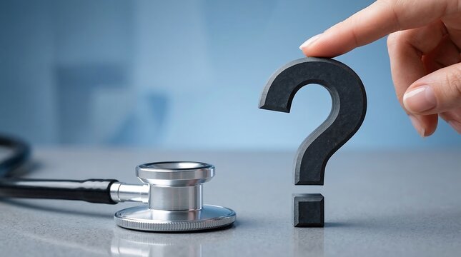 Doctor's stethoscope and a question mark symbol, representing medical uncertainty and diagnosis