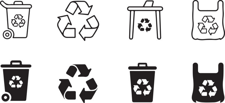 recycling pictogram set trash bag bin symbol solid and outline