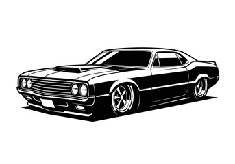Naklejka premium Classic Lowered American Muscle Car Coupe Vector Silhouette Isolated on White Background