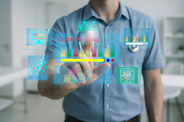 Doctor analyzing digital healthcare data hologram in modern clinic with futuristic technology