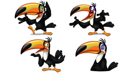 Fototapeta premium Four cartoon toucans with different expressive emotions and poses on a white background