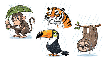 Fototapeta premium Sad cartoon animals enduring a heavy downpour with expressions of discomfort and misery